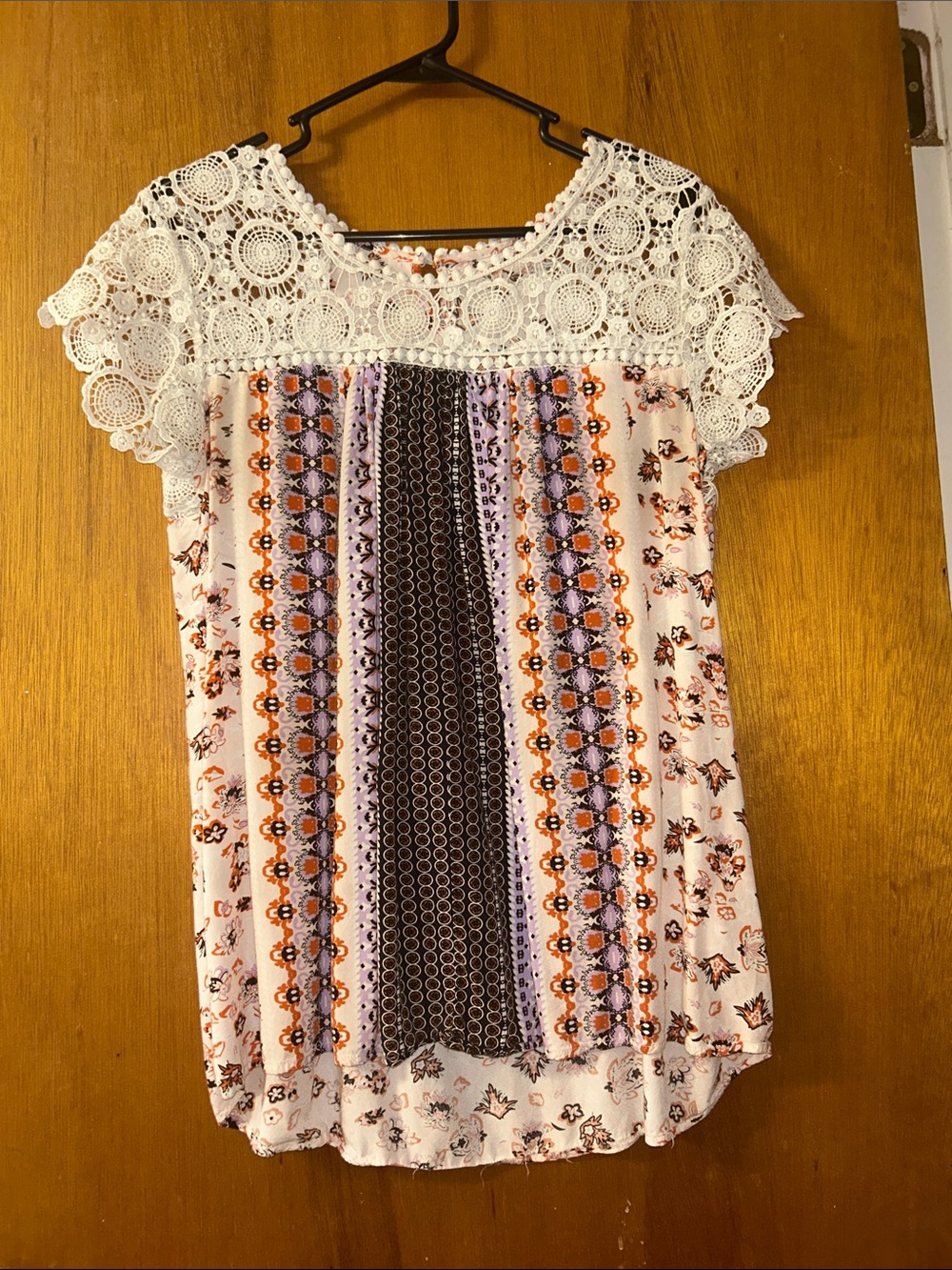 Crochet Yoke Printed Short Sleeve Blouse in White, Orange & Purple